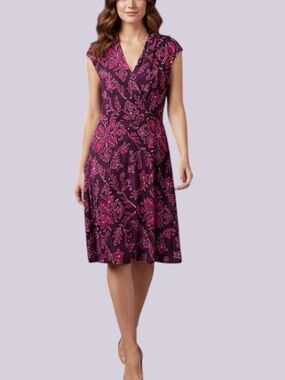 Tommy Bahama Magenta Coral Floral Faux Wrap Cap Sleeve Knit Dress S (no belt)